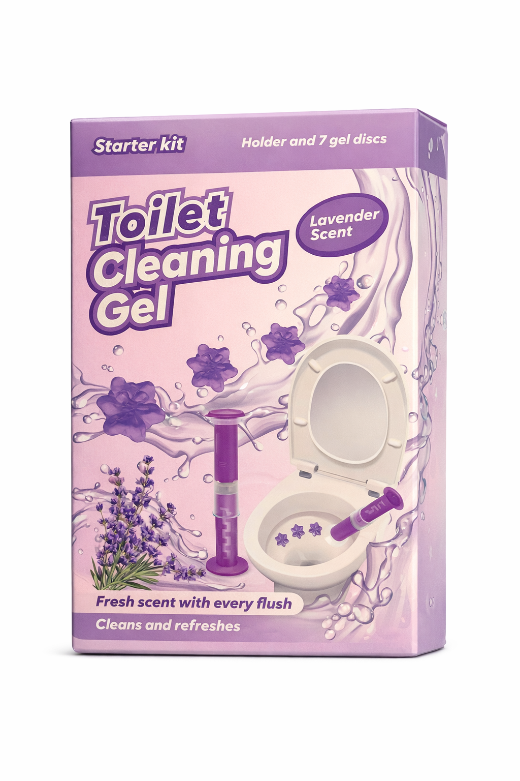 Toilet Cleaning Gel Starter Kit – Lavender Scent – Holder + 7 Gel Discs – Toilet Freshener & Cleaning Gel