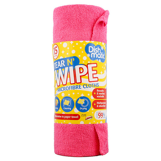 Dishmatic Microfiber Cloths on Roll – Streak-Free, Reusable & Durable (15 pieces)