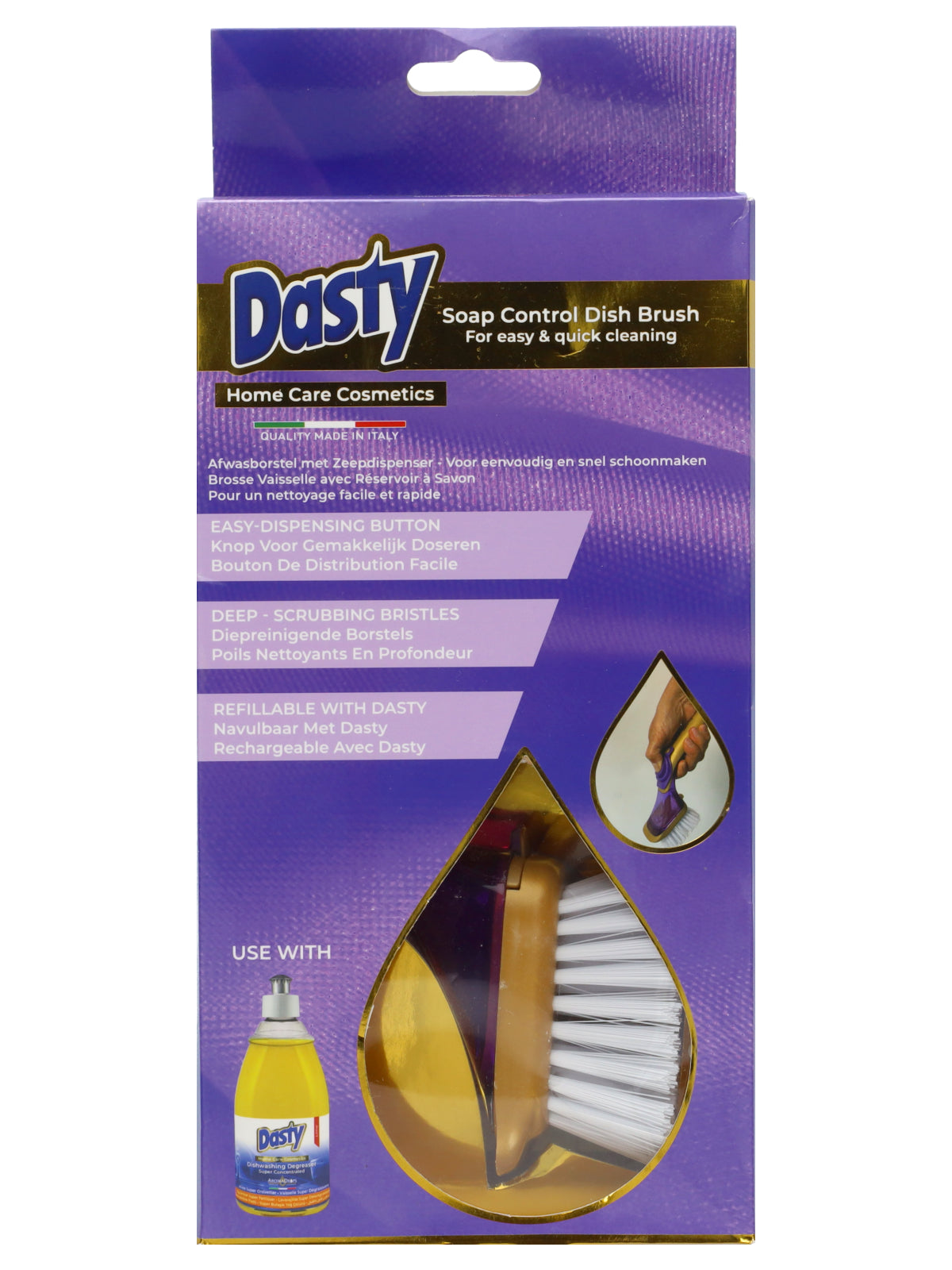 Dasty Dish Brush with Soap Dispenser – Refillable Dishwashing Liquid Reservoir